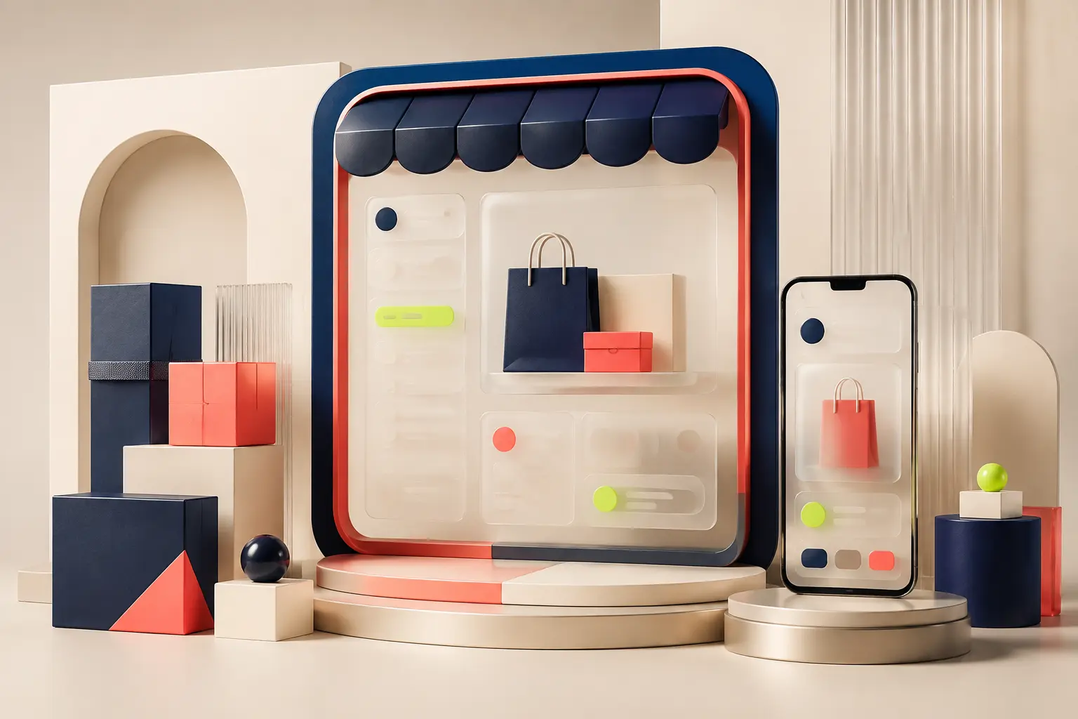 Three-dimensional concept of a modern online storefront across desktop and mobile